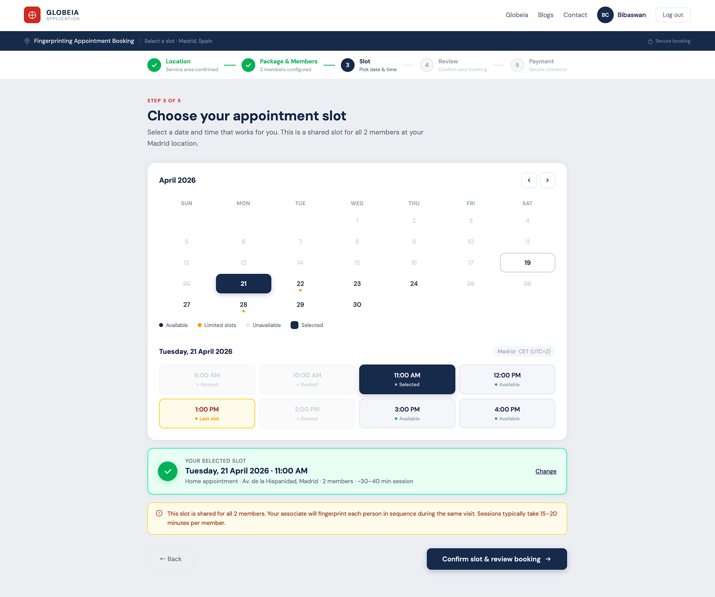 Redesigned slot selection screen with calendar and time grid