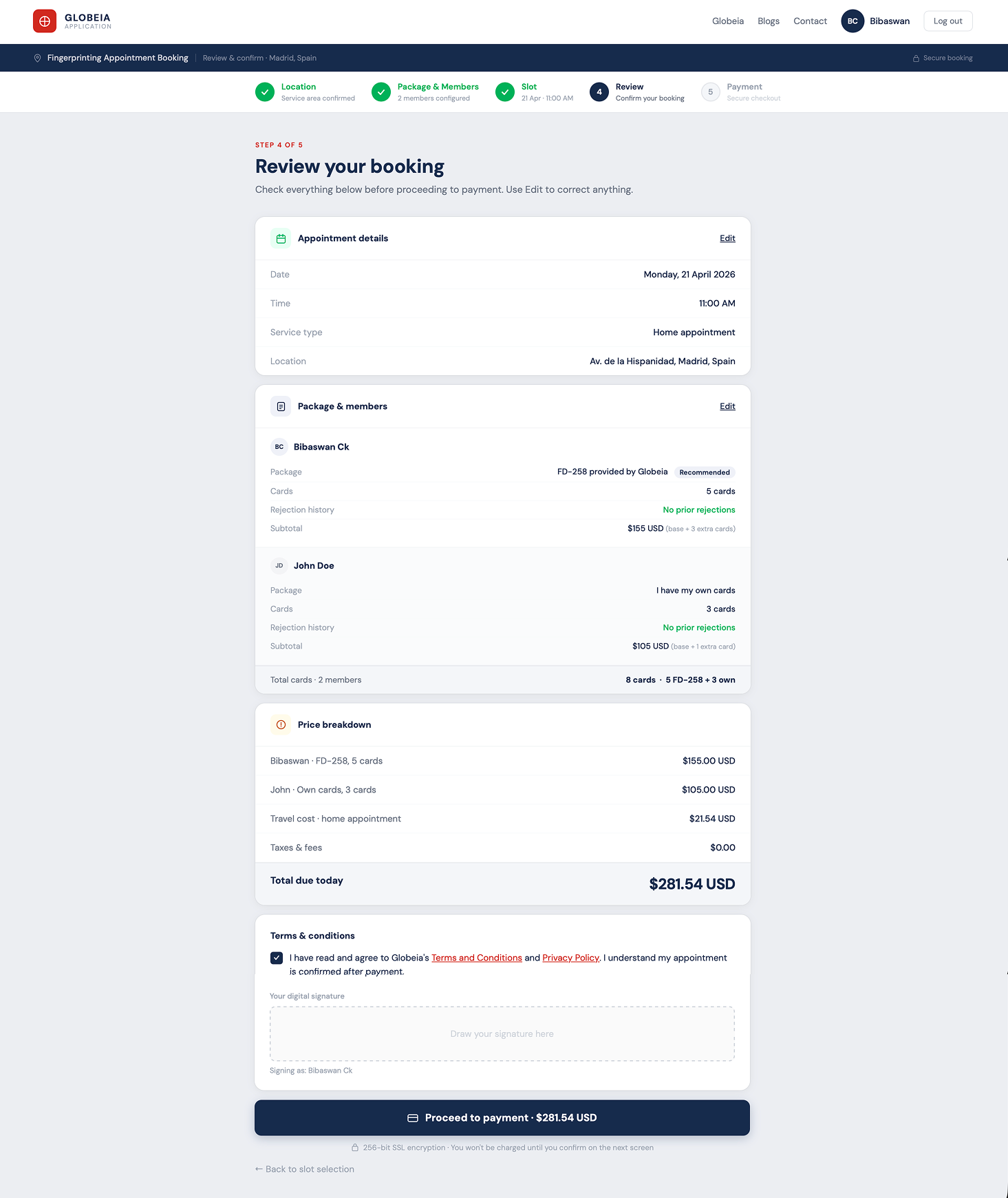 Redesigned review screen with permember breakdown and inline T&C