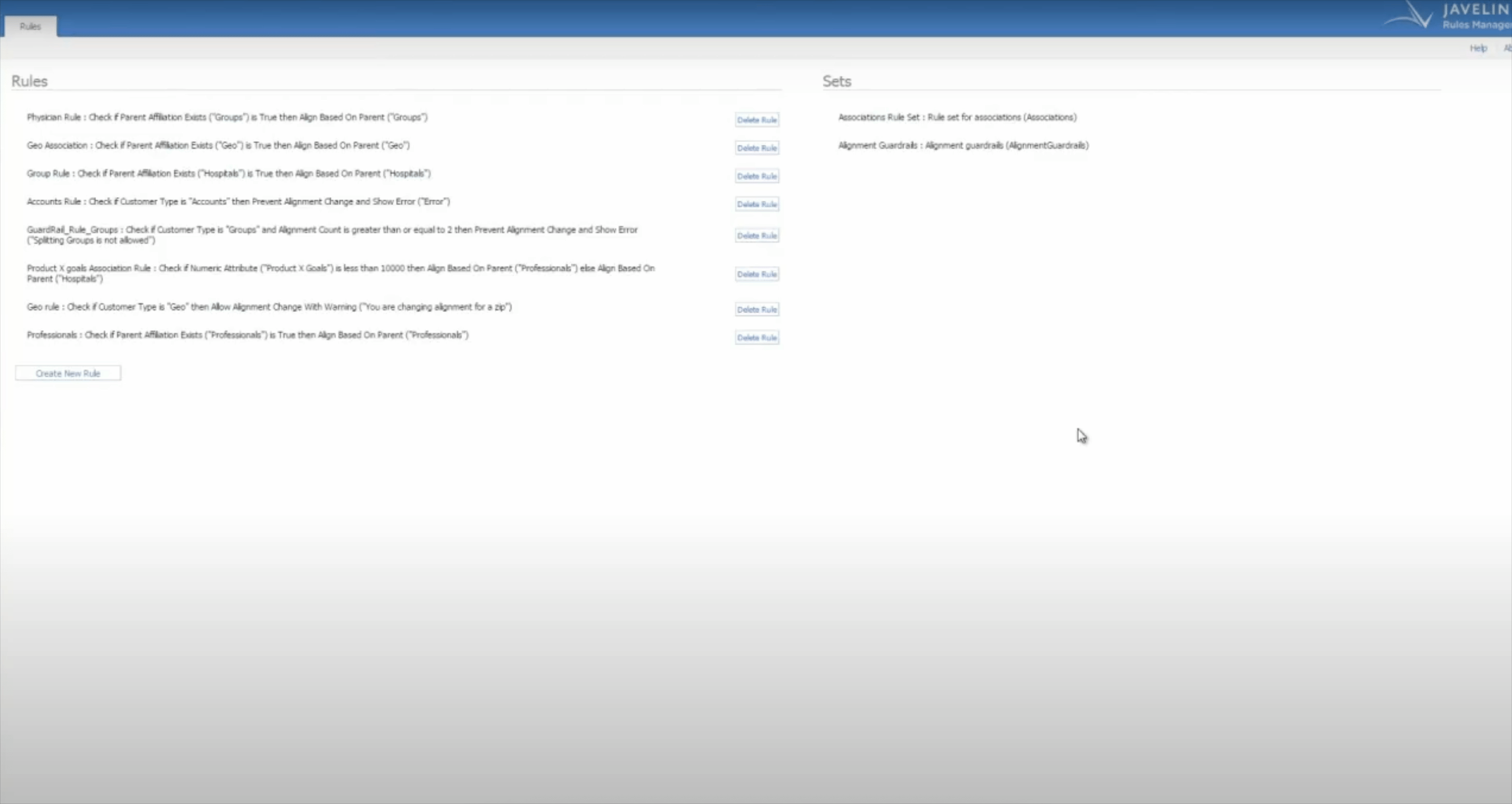 The original Javelin interface , dense, text-heavy, no dedicated rule builder UI