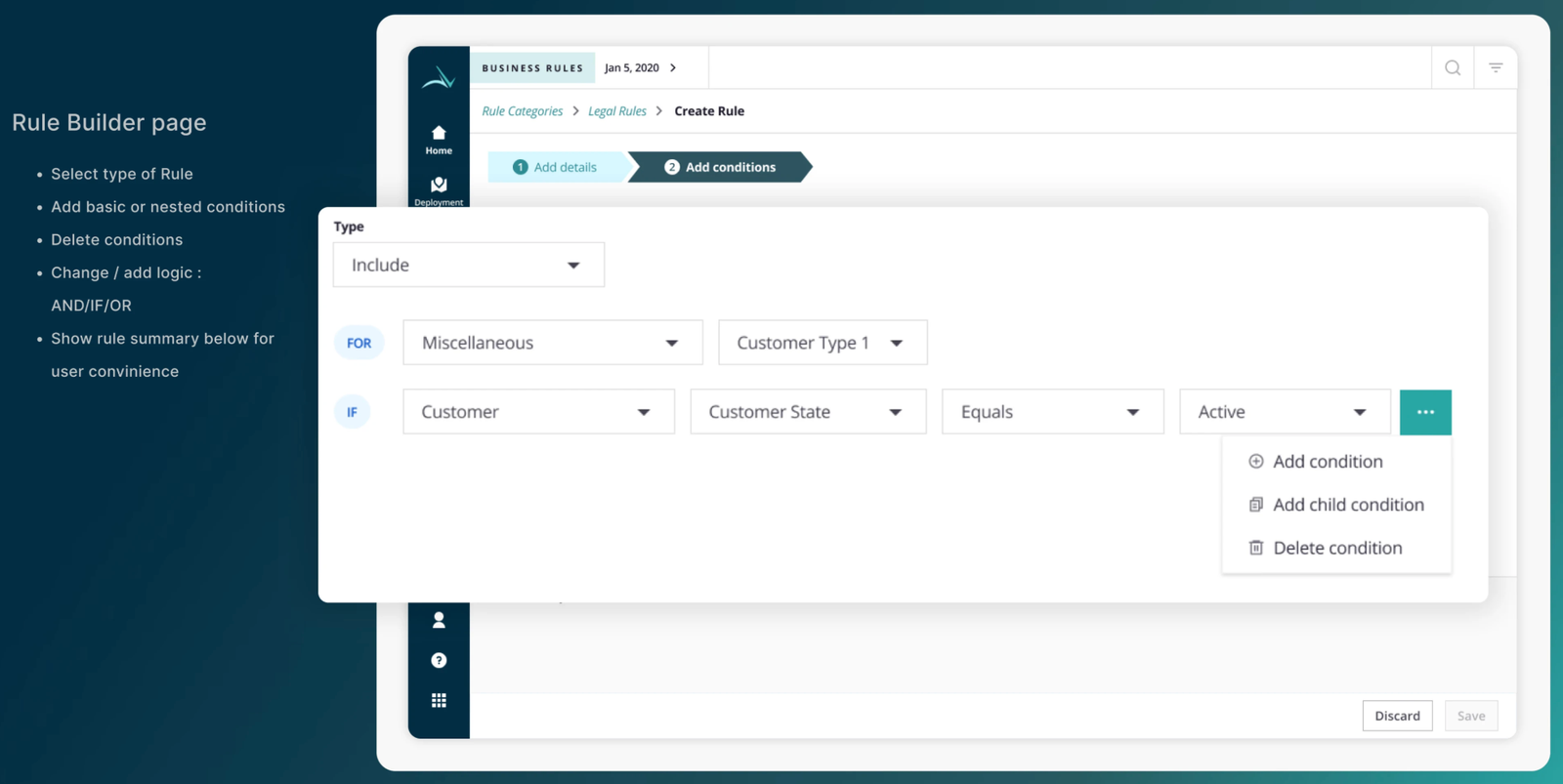 The new visual rule builder with nested AND/OR conditions and live summary