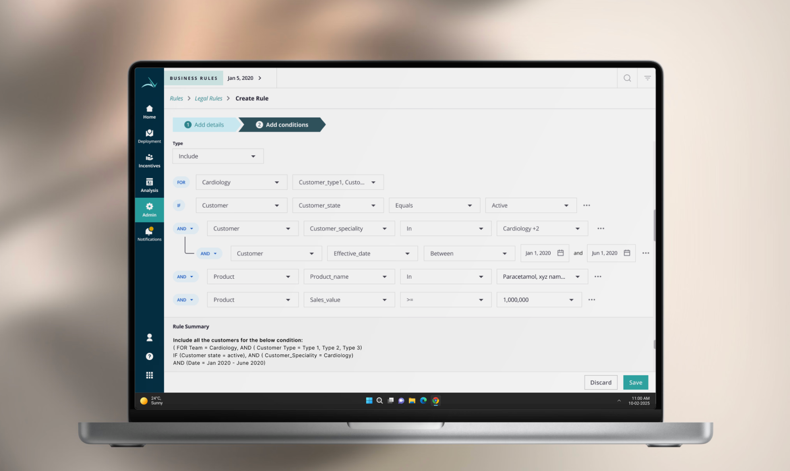 The new visual rule builder with nested AND/OR conditions and live summary