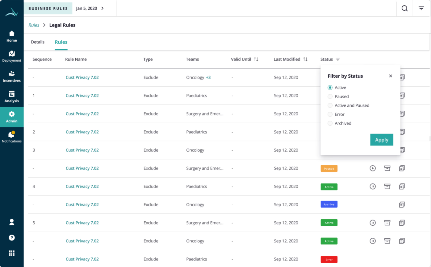 Rules list with status filters and inline actions